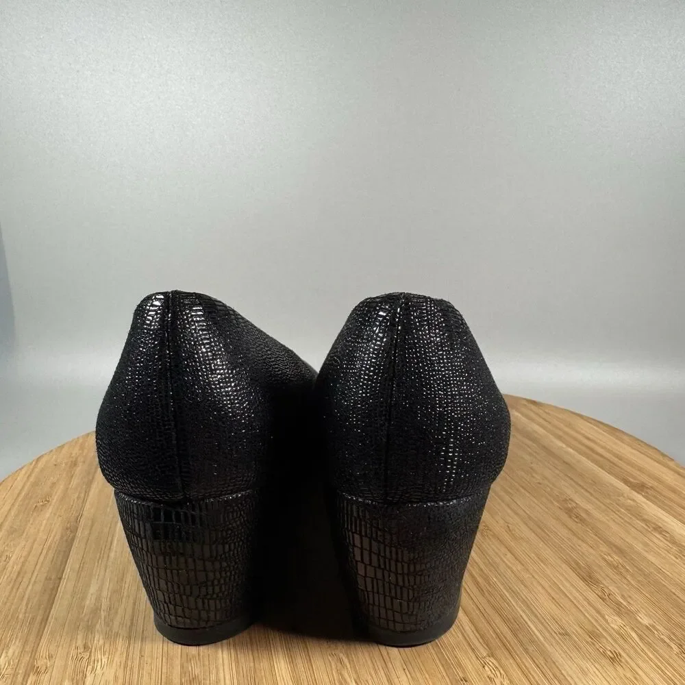 S Stuart Weitzman Black Leather‎ Wedge Heel Slip On Womens Size 7.5 Spain